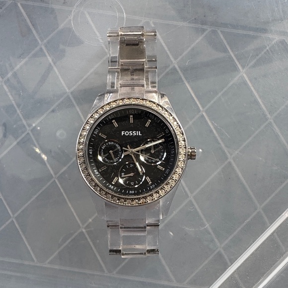 Women’s Fossil Black Dial Silver Watch with Clear Band - Picture 1 of 3